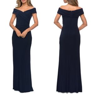 La Femme Strapless Double Cross Back Gown - Navy